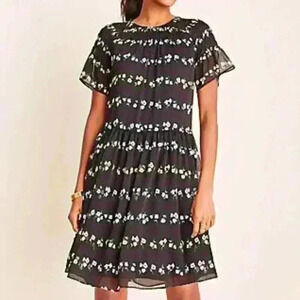 Ann Taylor Black Floral Smocked Shift Dress M